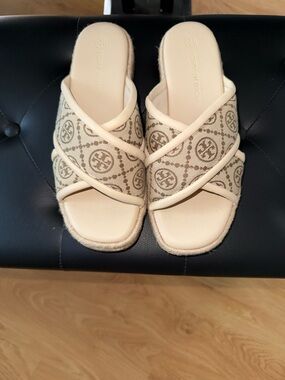 Tory Burch Beige Canvas Logo Crisscross Slide Sandals
